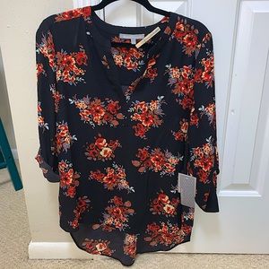 NWT Daniel Rainn | Black Floral Top Sheer 3/4 Length Sleeves V-neck Blouse, Sz L